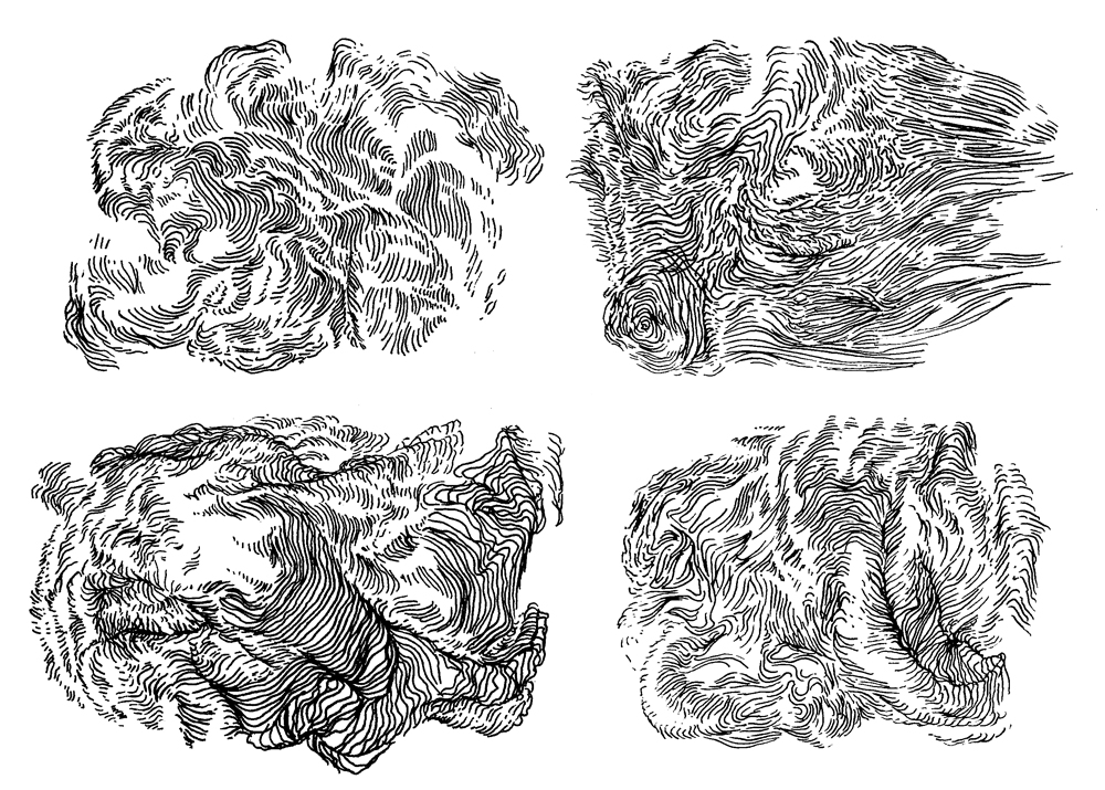 flow sketches from flat to high turbulence - inkpen on paper